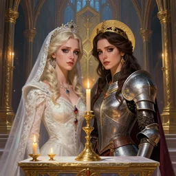 wedding picture of cryomancer and paladin, in a highly detailed holy temple, altar, candles, beautiful memories, high fantasy, colorful, lesbians, highly detailed faces, high details, ornamental, exquisite, sharp focus, chiaroscuro, digital painting, by rossdraws