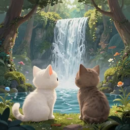 two kittens watching the waterfall in the enchanted forest, fantasy, intricate, extremely detailed, face enhance, matte, artstation, art by louis wain, greg rutkowski