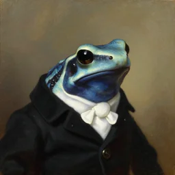 a head - and - shoulders portrait of an amazon milk frog wearing a black buttoned jacket and white puff tie, an american romanticism painting, a portrait painting, cgsociety, soft focus, oil on canvas