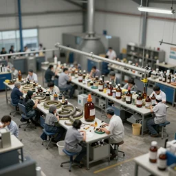 Tilt shift photograph of a busy snake oil factory