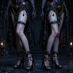 Beautiful and symmetrical vampiress wearing heels and jewelry, dark fantasy art, cinematic lighting