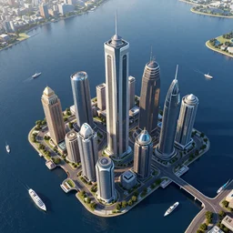 various futuristic skyscrapers and a city built on a navy blue lake and a river, many small boats and big yachts, small distant birds, artstation, digital art, photorealistic, hyperdetailed, beautiful, epic scene, dramatic lighting, aerial view,