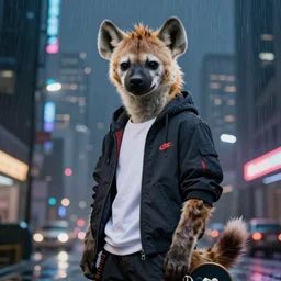 beautiful portrait commission of a male furry anthro hyena fursona wearing skater clothes. Cyberpunk city at night in the rain. Neon light. Atmospheric. Character design by charlie bowater, ross tran, artgerm, and makoto shinkai, detailed, inked, western comic book art