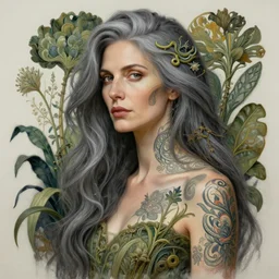portrait of a middle aged artsy woman, grey hair, tattoo, avangarde, unique, artistic soul, nature, plants, wool, upper body, long hair, intricate, elegant, highly detailed, digital painting, artstation, concept art, matte, sharp focus, illustration, art by artgerm and greg rutkowski and alphonse mucha