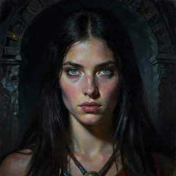 a highly detailed painting of a barbarian queen with piercing beautiful eyes, dimly lit dark tomb by boris vallejo