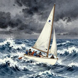 Some fishermen struggling not to sink in a small sailboat in the middle of the furious raging ocean, ilustration art by Goro Fujita