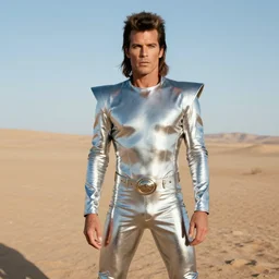 portrait billy idol dressed in 1 9 8 1 space fantasy fashion, new wave, minimal, shiny metal, standing in a desert