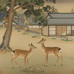 nara park with deer, traditional japanese painting,