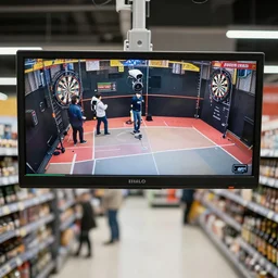 security camera footage of a dart tournament inside a supermarket