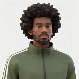 low polygon render of a black man with afro hair and raspy bear stubble, wearing an army green adidas jacket, high quality, minimalist