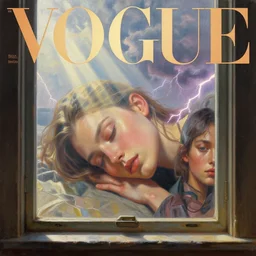 3 d, sci - fi, morning, old window, sun rays, sleepy fashion model face, lightning clouds, vogue cover style, morning colors mood, cinematic, realistic painting, intricate oil painting, high detail, figurative art, multiple exposure, poster art, 3 d, by stanley kubrick and tooth wu and wlop and beeple and greg rutkowski