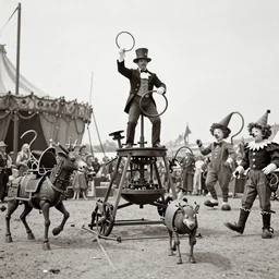 colorized 1 9 1 0 photo of a steampunk circus with a mechanical ringmaster and robotic animals and automaton clowns