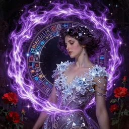 she dreams of arcs of purple flame intertwined with glowing sparks, glinting particles of ice, dramatic lighting, steampunk, secret holographic cyphers, red flowers, bright neon solar flares, high contrast, smooth, sharp focus, art nouveau, painting by caravaggio and daytoner and alphonse mucha