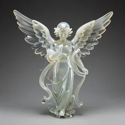 murano glass sculpture of an angelic being. rim lighting accentuates the ephemeral beauty. gallery art masterpiece in glass