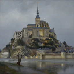 masterpiece oil painting portraying mont saint michel in the style of romanticism landscape painters with a tree on the foreground,beautiful,misty,night sky,evocative,reflection in the water,photorealistic,chiaroscuro,soft lighting
