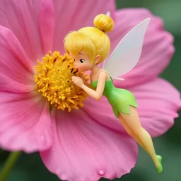 (very small anime Tinker Bell) kissing a big flower, hyper realism, macro shot