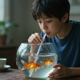 a boy drinking out of a straw from a goldfish bowl with a fish in realistic cinematic 3 5 mm