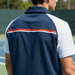 A man, tennis wear,; on the  tennis coat, summer; 90's professional color photograph, close up, view from behind,