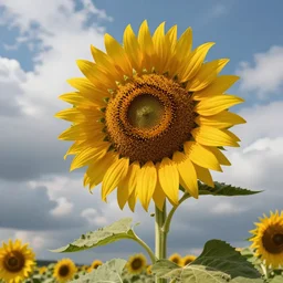 a giant sunflower touching the clouds, by pacino di bonaguida, by alfons mucha, accent lighting, ambient occlusion, soil, plant, grassy, flowers, floral, idyllic summertime, highly detailed