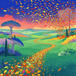 a colorful vibrant trail of leaves on the wind winding over a surreal landscape and dreaming psychedelic hallucinations, by kawase hasui, moebius, edward hopper and james gilleard, zdzislaw beksinski, steven outram colorful flat surreal design, hd, 8 k, artstation