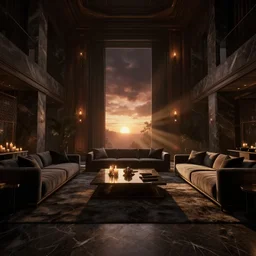 videogame screenshot of a very dark dreamy luxury maximalist living room, candlelight, sunset glow, sunset dapplied light, dark shadows, god rays, chiaroscuro, wood concrete marble finishes, octane render, volumetric lighting, raytracing, symmetrical wide shot low angle