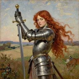frameless painting of a female knight with long wavy red hair holding up his sword, countryside, daytime, beautiful oil painting on canvas, 1 8 5 0, pre raphaelites, in the style of dante gabriele rossetti,