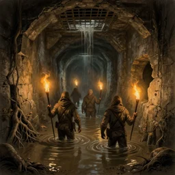 adventurers carrying torches wade through waist - deep flooded sewer tunnels. fantasy art, underground, stream, crumbling masonry, darkness, sewage falling from grates, abandoned spaces, torchlight. sketch art. roots, mud, mushrooms, d & d.
