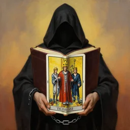 painting of a cloaked priest holding a massive book with both hands, hood hiding top part of his face, book attached to his wrist with a chain, zdzislaw beksinski, lewis jones, mattias adolfsson, artgerm, cold hue's, warm tone gradient background, concept art, symmetric, tarot card, dramatic lighting, smooth, sharp focus, highly detailed, digital painting
