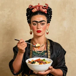Frida Kahlo eating out of a bowl containing her uterus trending on artstation 8k high quality intricately detailed very coherent art