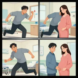 a serious four panel comic about a man rushing to the hospital looking for his pregnant wife
