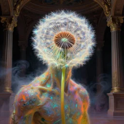 a close - up view portrait of a dandelion monster humanoid figure with iridescent glow - fi baroque neoclassicist halls. detailed textures. glowing colourful fog, dark black background. highly detailed fantasy fiction painting by moebius, norman rockwell, frank frazetta, and syd mead. rich colors, high contrast. artstation