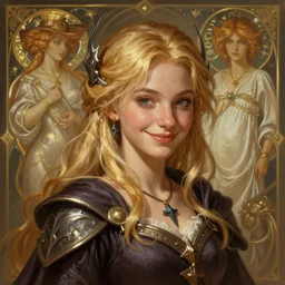 an epic fantasy comic book style portrait painting of a young blonde girl thief, d & d, fantasy, joyful smirk, intricate, elegant, highly detailed, digital painting, artstation, concept art, matte, sharp focus, illustration, art by artgerm and greg rutkowski and alphonse mucha, 8 k