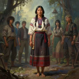 highly detailed painting of an indigenous woman, standing on a studio background, traditional clothing, unreal engine, fantasy art by greg rutkowski, ferdinand knab, makoto shinkai and lois van baarle, ilya kuvshinov, rossdraws, tom bagshaw, global illumination, radiant light, detailed and intricate environment