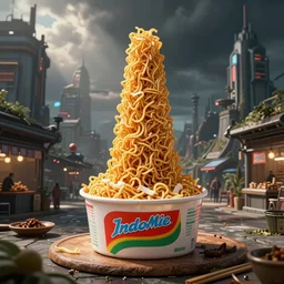 indomie mi goreng noodles tower, marketplace, solarpunk, photo realistic, gourmet