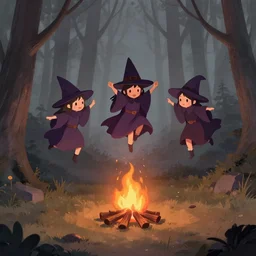 three witches dancing while flying by a campfire in the middle of a gloomy forest, painted with gray and warm tones cute anime
