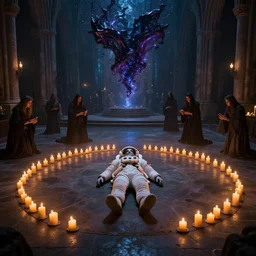 an astronaut laying down flat in the middle of a spell circle of burning candles in an eerie cathedral surrounded by a group of cultists performing a ritual, there is a vortex of obsidian forming in the air above volumetric lighting, photorealistic, ultra detailed