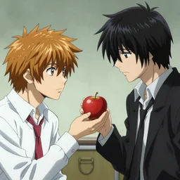 real Light Yagami (Even Peters ) gives a red apple to Ryuk (Willem Dafoe), Death Note Netflix live adaptation, Netflix series, adversitement