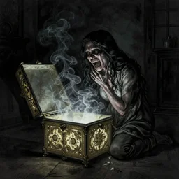 Low angle, Glowing Ornate open box in sitting on the floor of a dark room emanating depression, repression, narcissistic terror, smoke, horror, agony, anger, jealousy and pain, dramatic lighting, peter mohrbacher, gustave dore, moebius,