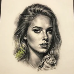 realism tattoo sketch of a isabelledeltore face double exposure nature scenery with rabbit, in the style of matteo pasqualin, amazing detail, sharp, faded