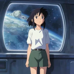 a film still of an anime girl standing near big window of spaceship looking to another planet, sharp face focus, finely detailed features, full body mid shot, perfect art, trending on pixiv fanbox, painted by gaston bussiere, makoto shinkai, akihiko yoshida, gaston bussiere, craig mullins