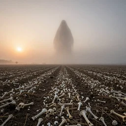 a field of tiny bones with a gigantic ghostly creature in the horizon, in a sunset haze, foggy, photographic