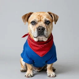 bust of a tan dog with red bandanna and a blue shirt and grey eyes