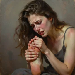 Woman in a lot of pain after stubbing her toe, OUCH, oil painting, photorealism, soul leaving body, trending on deviantart