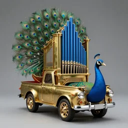 steampunk peacock pickup truck modeled to look like a peacock with a tall brass baroque pipe organ on the back with blue, very tall brass organ pipes, organ pipes splayed in the back, green and purple, peacock, pipeorgan, hyper realism, studio lighting