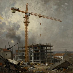a constuction crane in a postapocalyptic world painted by rembrandt