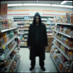 a creature in the style of hp lovecraft standing in a convenience store, blurry, cctv footage, security footage