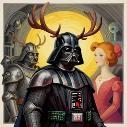 a vibrant! sideview waist up portrait of darth vader with big antler wearing warhammer armor by laurie greasley and rene magritte, etching by gustave dore, colorful flat surreal ethereal, intricate, sharp focus, illustration, highly detailed, digital painting, concept art, masterpiece