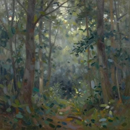 an impressionist painting of a forest by salman toor gestural vague misty