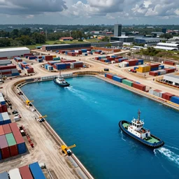 colorful construction site with pools of bright blue water, colorful shipping containers, colorful tugboats, birds eye view