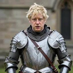Boris Johnson with armour like a medieval knight, photo